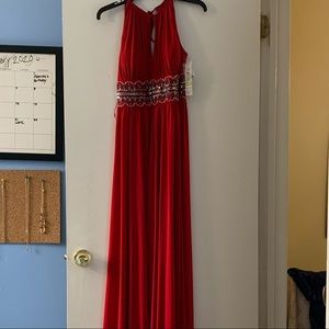 Red satin floor-length sequin prom dress